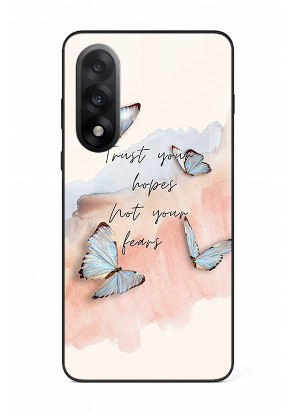 Butterfly hope artwork printed on OnePlus Nord 5 glass back cover with gentle pastel tones.