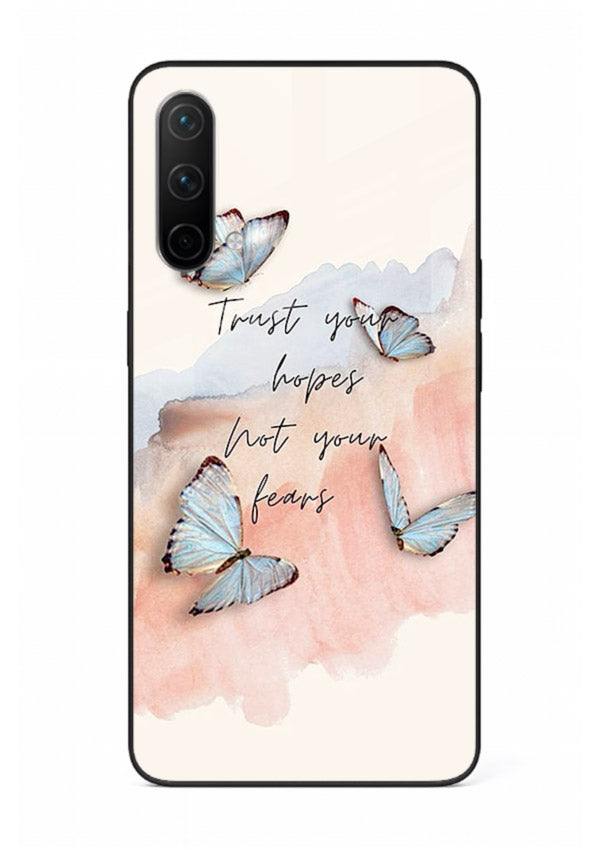 Butterfly hope artwork printed on OnePlus Nord CE 5G glass back cover with gentle pastel tones.
