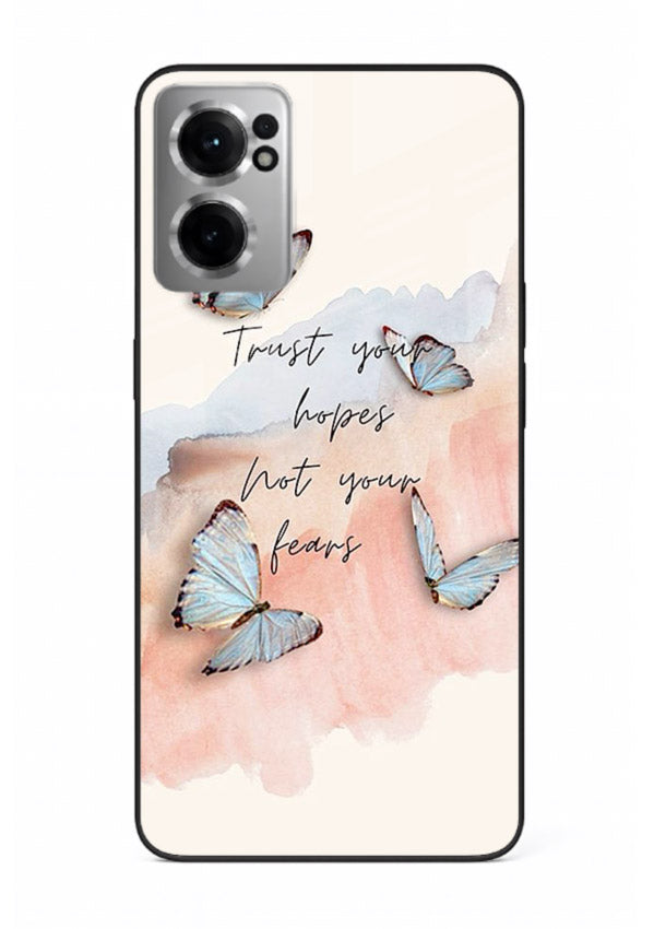 Butterfly hope artwork printed on OnePlus Nord CE2 5G glass back cover with gentle pastel tones.