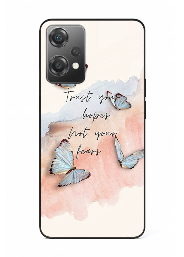 Butterfly hope artwork printed on OnePlus Nord CE2 Lite 5G glass back cover with gentle pastel tones.