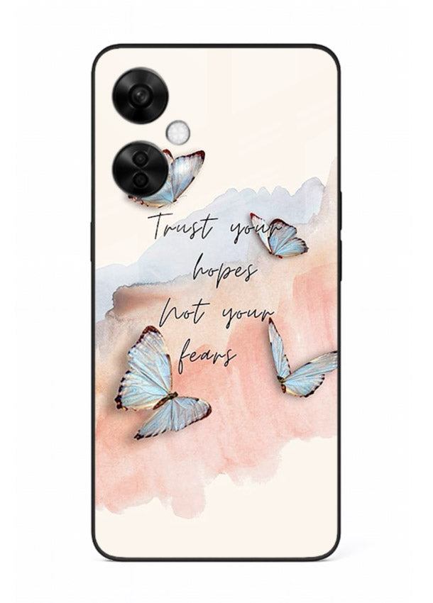 Butterfly hope artwork printed on OnePlus Nord CE3 Lite glass back cover with gentle pastel tones.
