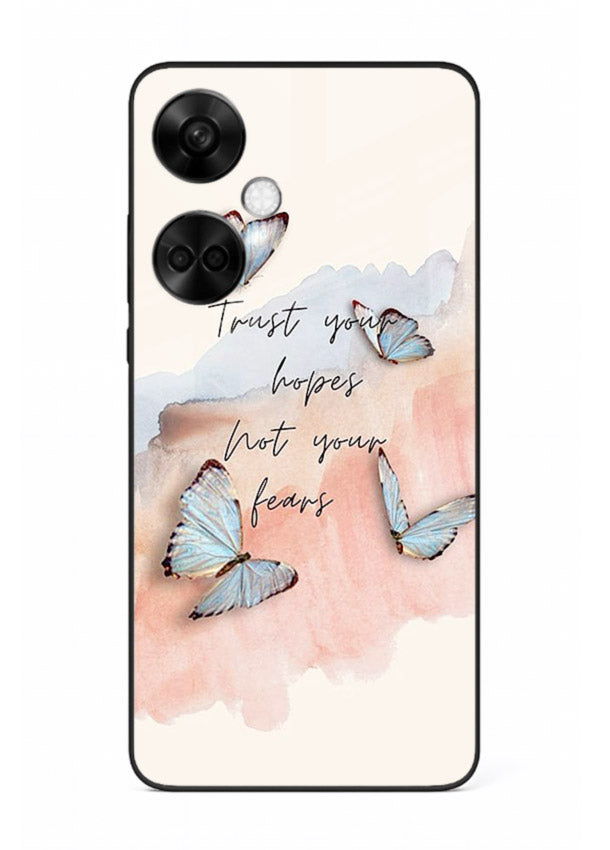Butterfly hope artwork printed on OnePlus Nord CE3 glass back cover with gentle pastel tones.