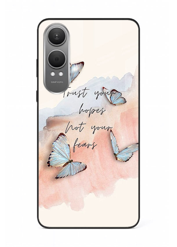 Butterfly hope artwork printed on OnePlus Nord CE4 Lite glass back cover with gentle pastel tones.