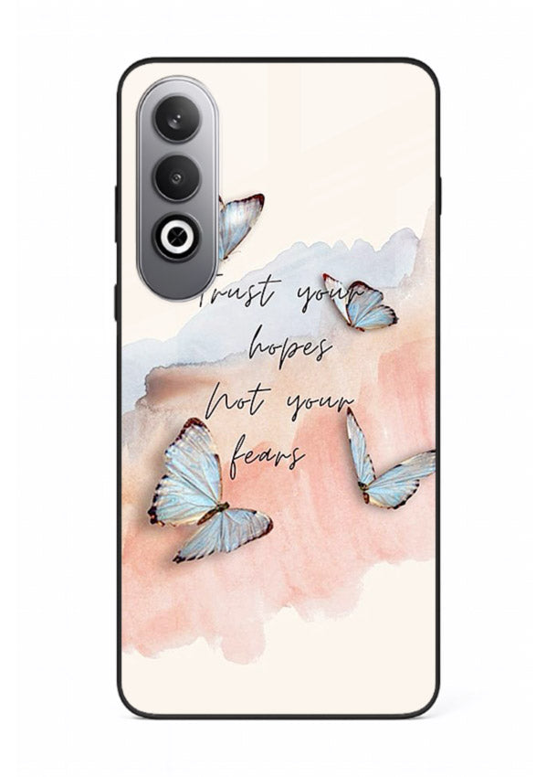 Butterfly hope artwork printed on OnePlus Nord CE4 glass back cover with gentle pastel tones.