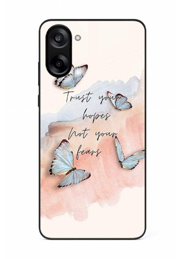 Butterfly hope artwork printed on OnePlus Nord CE5 glass back cover with gentle pastel tones.
