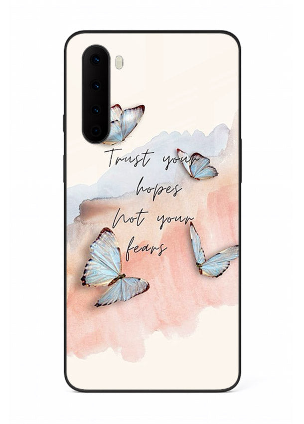 Butterfly hope artwork printed on OnePlus Nord glass back cover with gentle pastel tones.