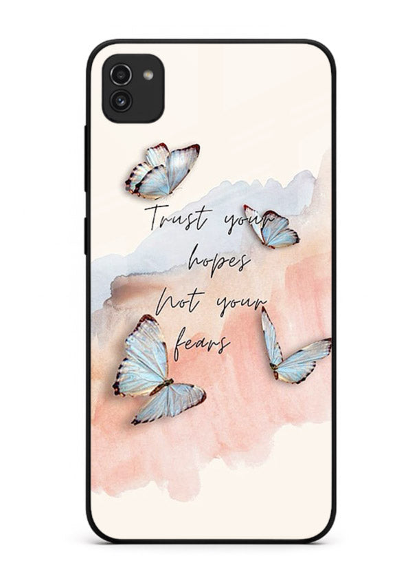 Butterfly hope artwork printed on Samsung A03 glass back cover with gentle pastel tones.
