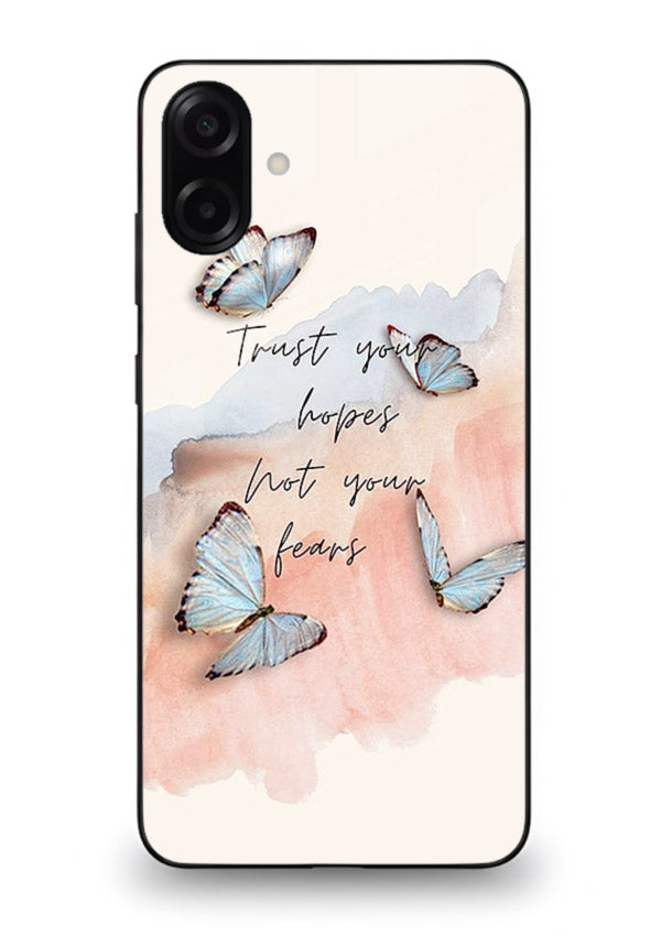 Butterfly hope artwork printed on Samsung M13 5G glass back cover with gentle pastel tones.