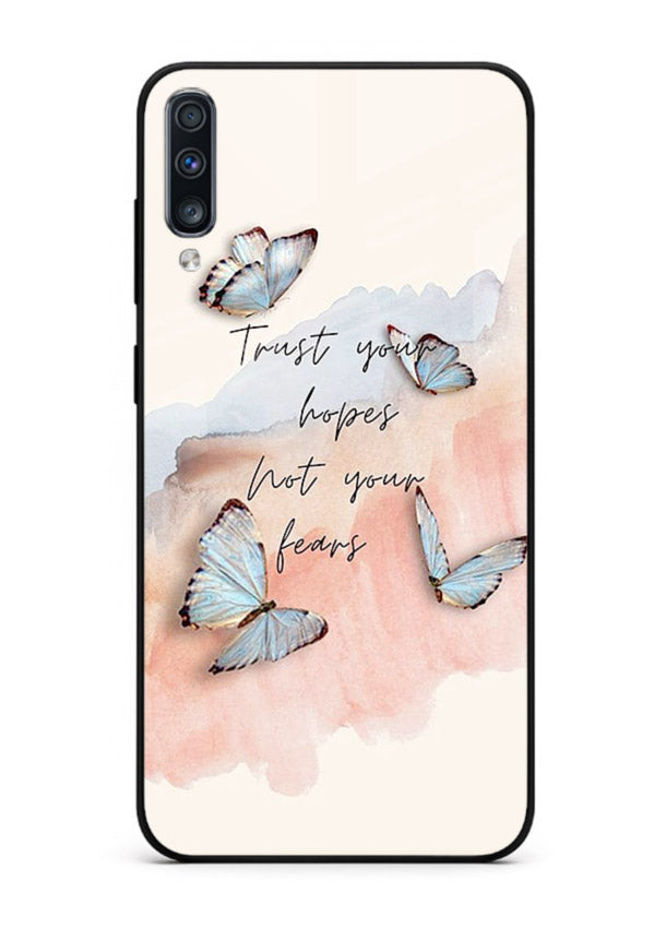 Butterfly hope artwork printed on Samsung A50 glass back cover with gentle pastel tones.