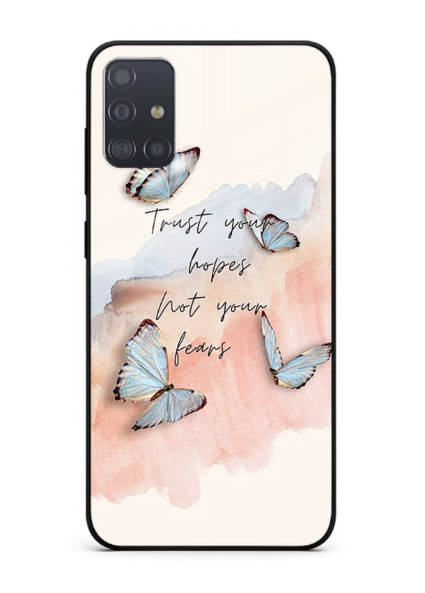 Butterfly hope artwork printed on Samsung A71 glass back cover with gentle pastel tones.