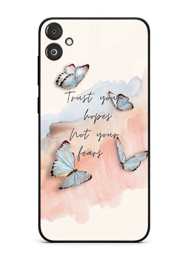 Butterfly hope artwork printed on Samsung F14 5G glass back cover with gentle pastel tones.