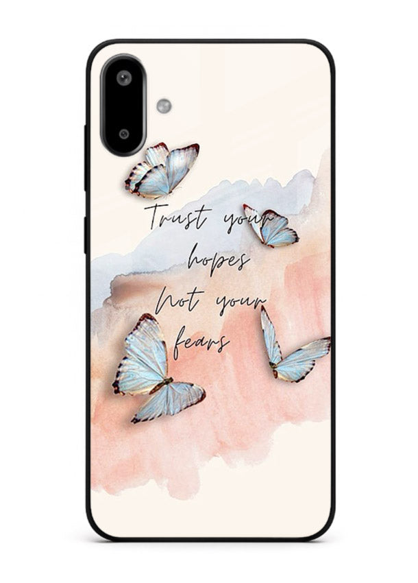Butterfly hope artwork printed on Samsung F06 5G glass back cover with gentle pastel tones.