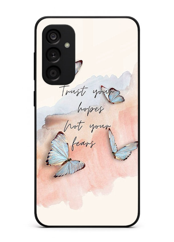 Butterfly hope artwork printed on Samsung A15 5G glass back cover with gentle pastel tones.