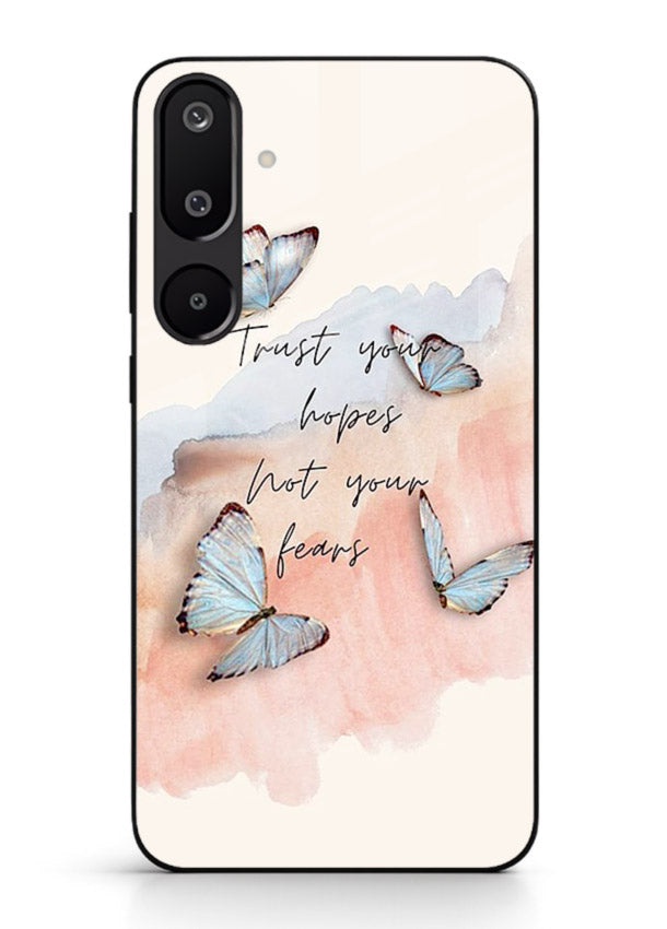 Butterfly hope artwork printed on Samsung M16 5G glass back cover with gentle pastel tones.