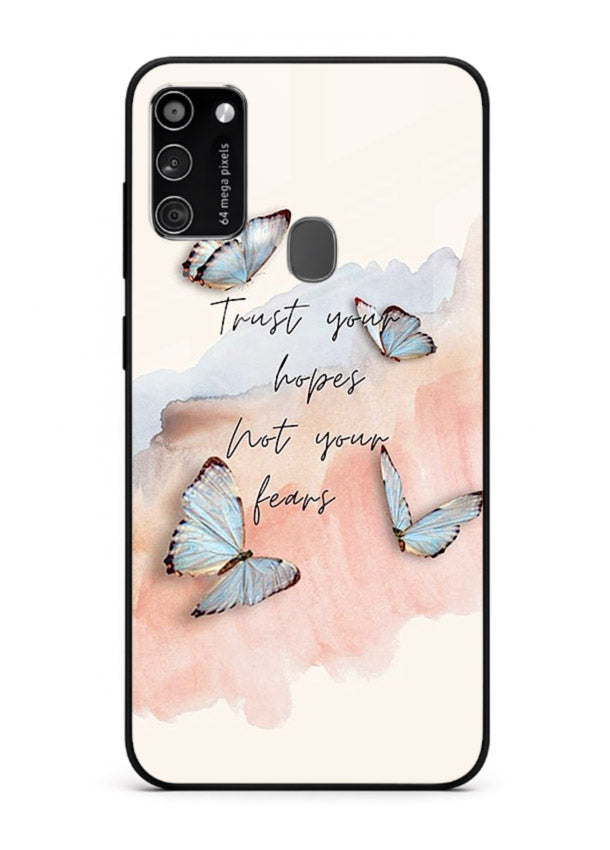 Butterfly hope artwork printed on Samsung M21 glass back cover with gentle pastel tones.