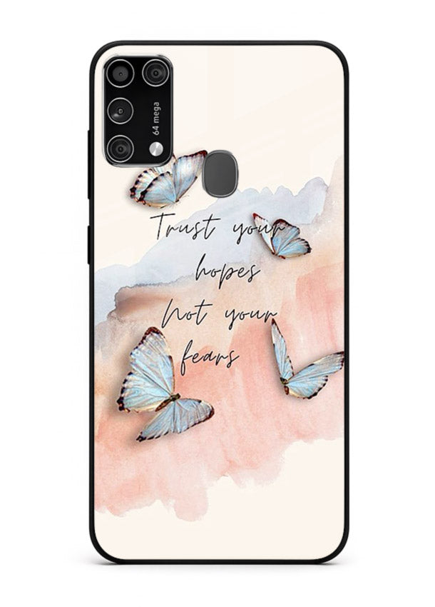 Butterfly hope artwork printed on Samsung M31 Prime glass back cover with gentle pastel tones.
