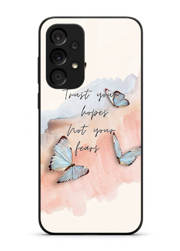 Butterfly hope artwork printed on Samsung A33 5G glass back cover with gentle pastel tones.