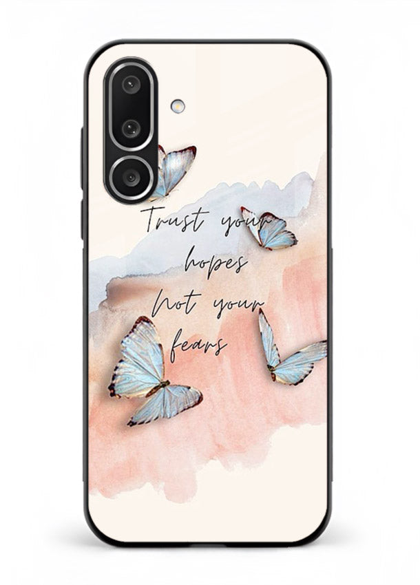 Butterfly hope artwork printed on Samsung F56 5G glass back cover with gentle pastel tones.