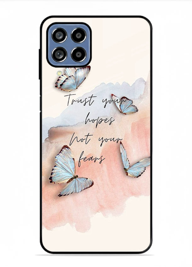 Butterfly hope artwork printed on Samsung M33 5G glass back cover with gentle pastel tones.