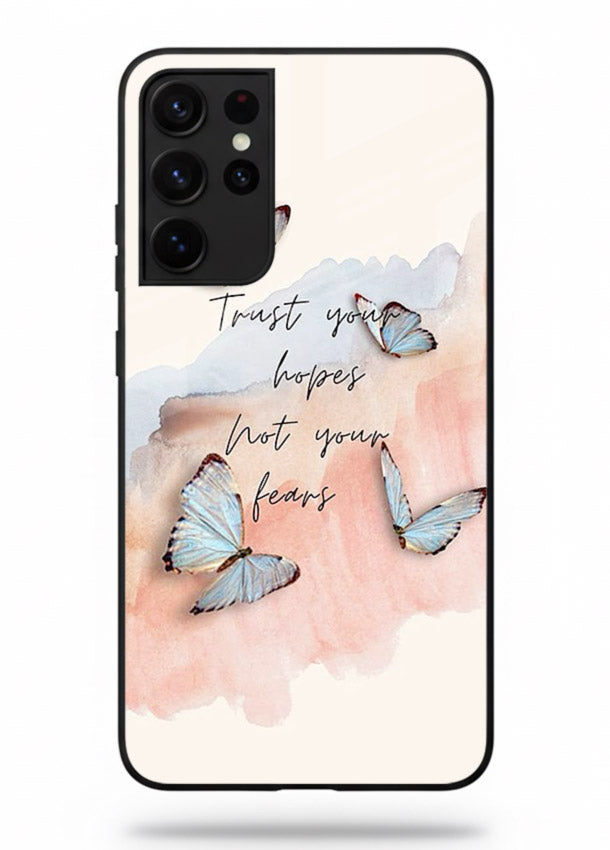Butterfly hope artwork printed on Samsung S21 Ultra glass back cover with gentle pastel tones.