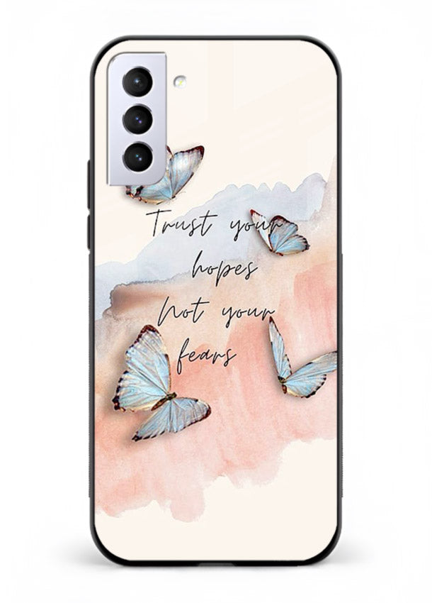 Butterfly hope artwork printed on Samsung S21 FE glass back cover with gentle pastel tones.