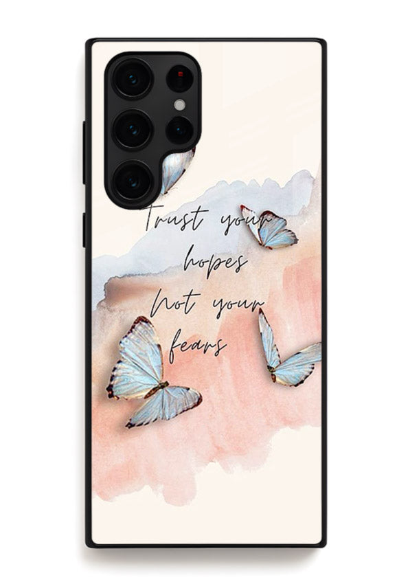Butterfly hope artwork printed on Samsung S24 Ultra glass back cover with gentle pastel tones.