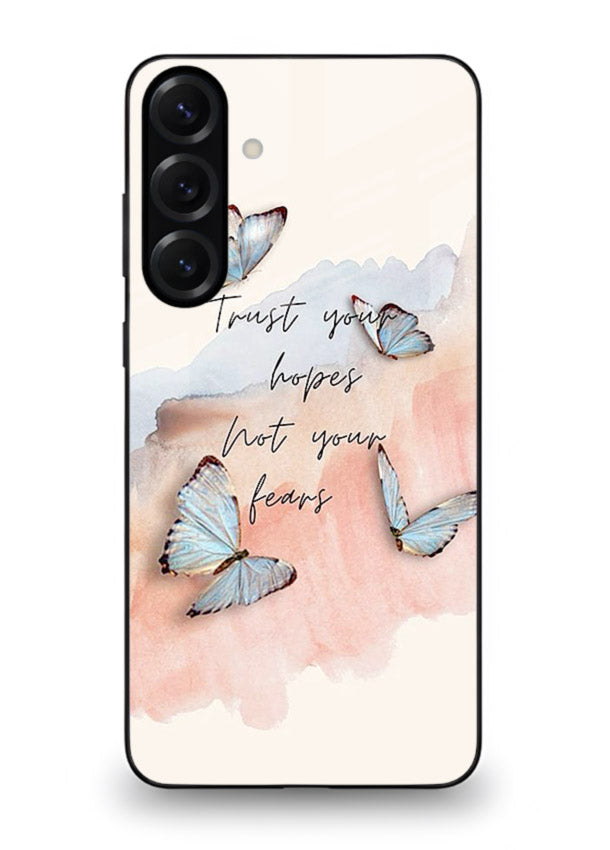 Butterfly hope artwork printed on Samsung A35 5G glass back cover with gentle pastel tones.