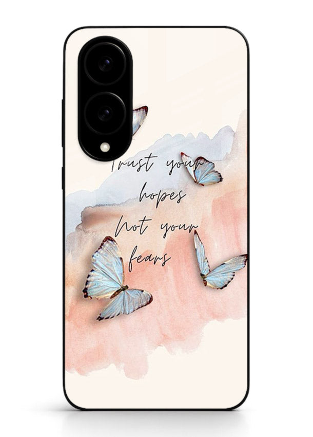 Butterfly hope artwork printed on Samsung S25 Edge glass back cover with gentle pastel tones.
