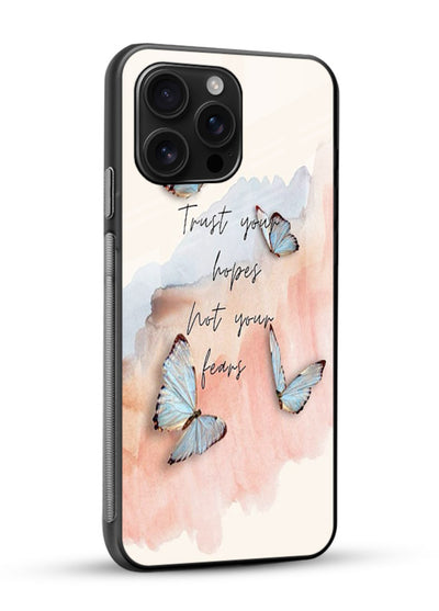 Butterfly hope artwork printed on glossy vibrant premium glass back cover with gentle pastel tones. - Angle Side