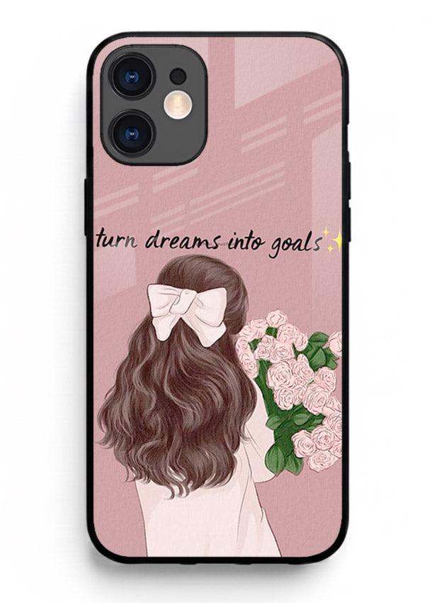 Girl holding flowers printed on iphone 12 glass back cover with warm illustrative tones.