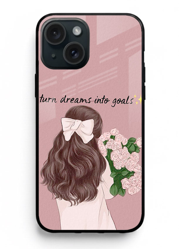 Girl holding flowers printed on iphone 14 plus glass back cover with warm illustrative tones.