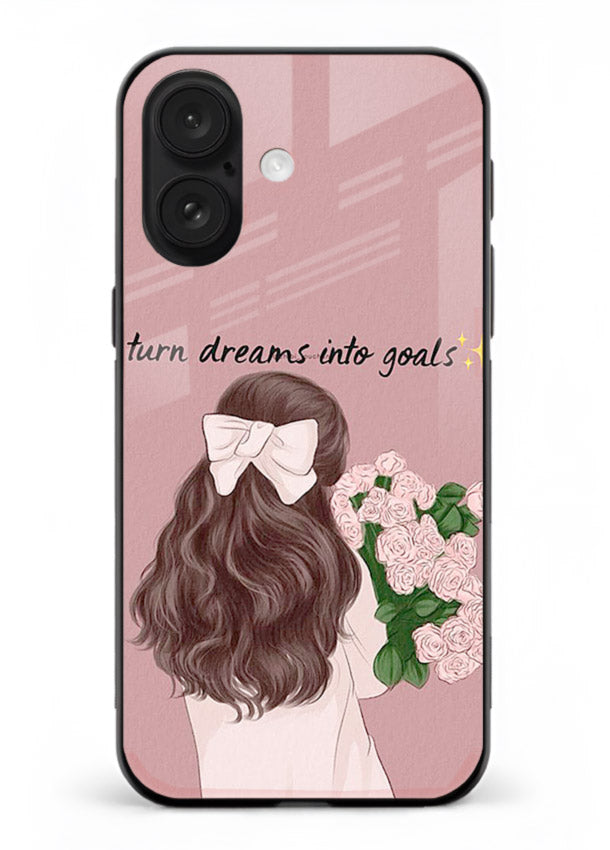 Girl holding flowers printed on iphone 16 plus glass back cover with warm illustrative tones.