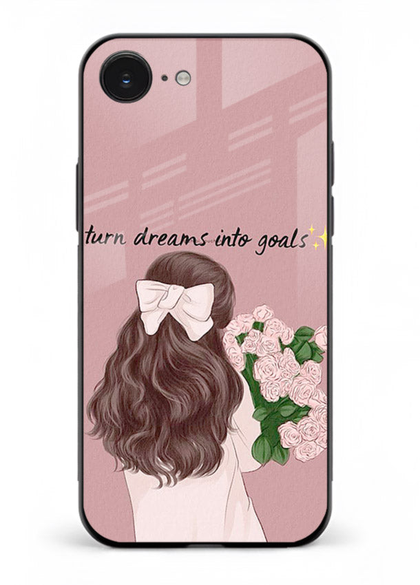 Girl holding flowers printed on iphone 16e glass back cover with warm illustrative tones.