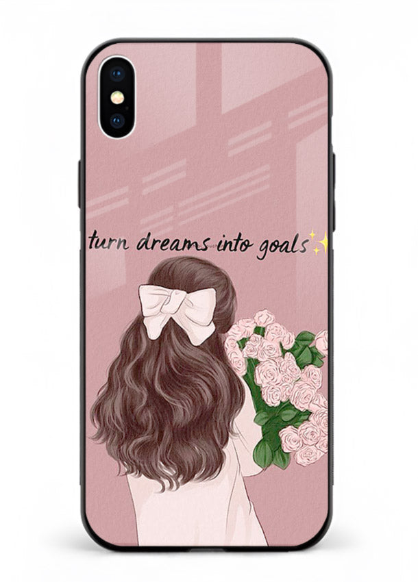 Girl holding flowers printed on iphone xs max glass back cover with warm illustrative tones.