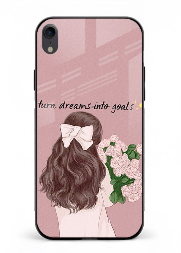Girl holding flowers printed on iphone xr glass back cover with warm illustrative tones.