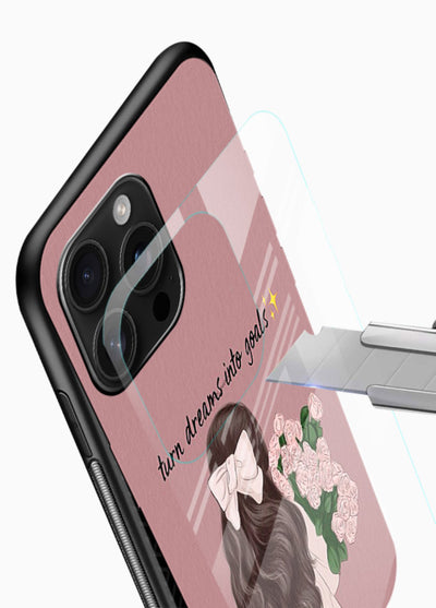 Girl holding flowers printed on glossy vibrant premium glass back cover with warm illustrative tones. - Angle Blade
