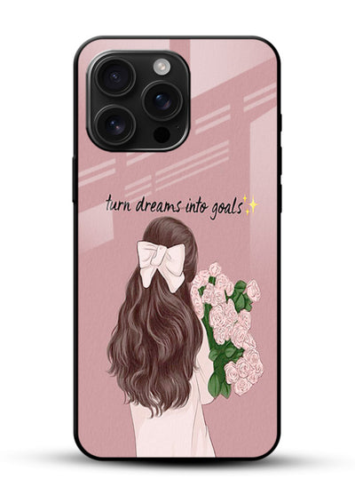 Girl holding flowers printed on glossy vibrant premium glass back cover with warm illustrative tones. - Angle Front