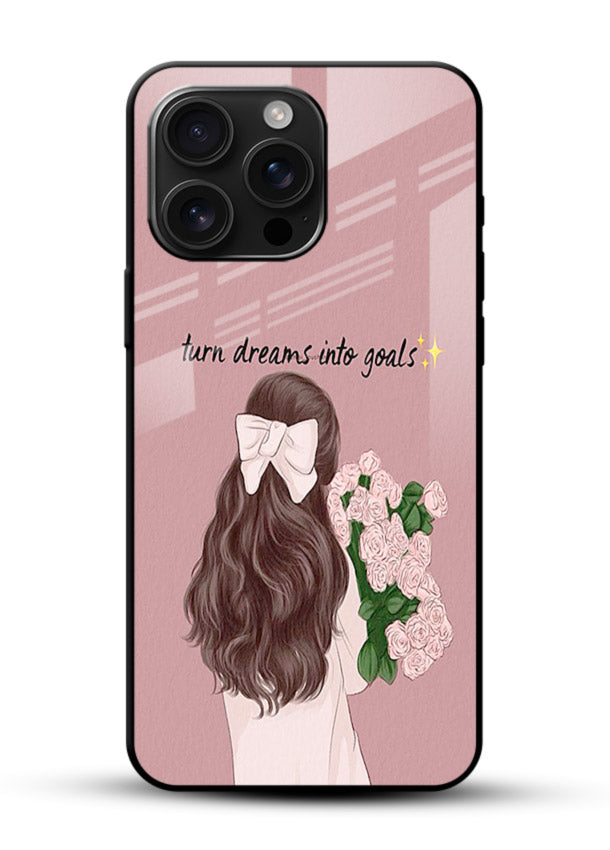 Girl holding flowers printed on glossy vibrant premium glass back cover with warm illustrative tones. - Angle Front