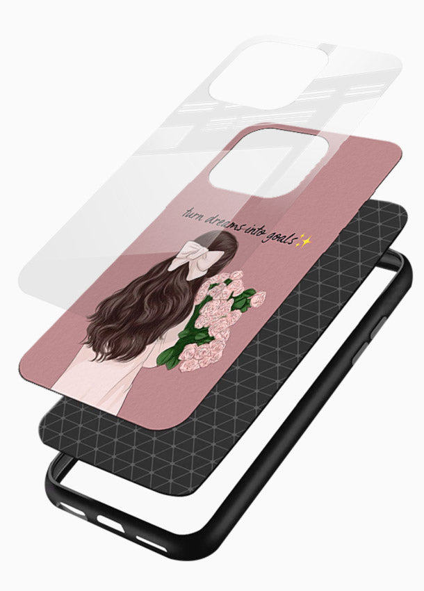 Girl holding flowers printed on glossy vibrant premium glass back cover with warm illustrative tones. - Angle Layers