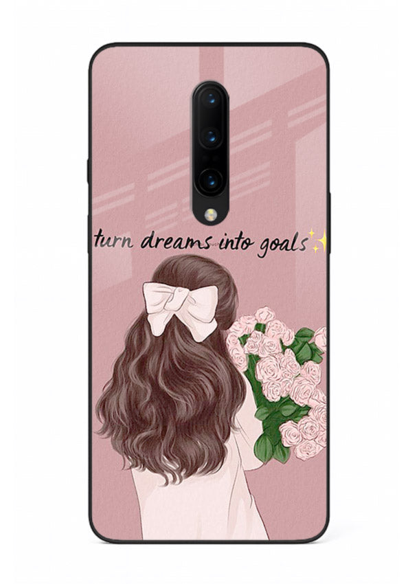 Girl holding flowers printed on OnePlus 7 Pro glass back cover with warm illustrative tones.