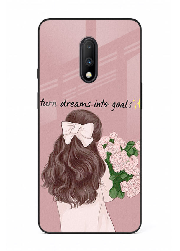 Girl holding flowers printed on OnePlus 7 glass back cover with warm illustrative tones.