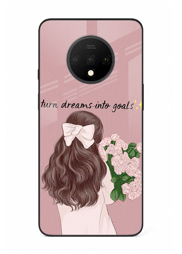 Girl holding flowers printed on OnePlus 7T glass back cover with warm illustrative tones.