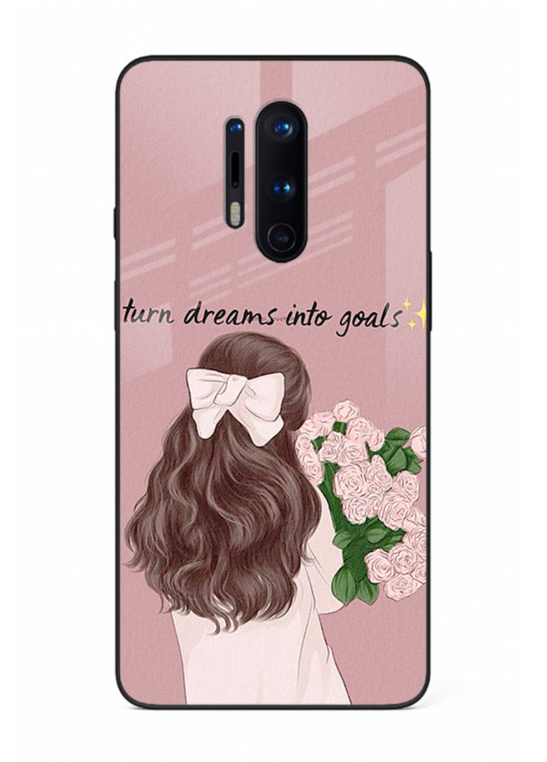 Girl holding flowers printed on OnePlus 8 Pro glass back cover with warm illustrative tones.