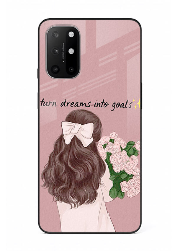 Girl holding flowers printed on OnePlus 8T glass back cover with warm illustrative tones.