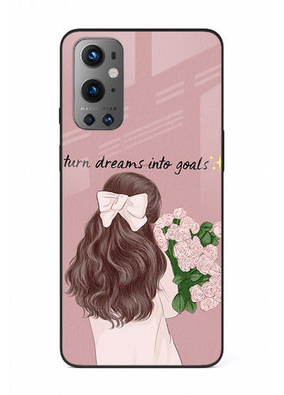 Girl holding flowers printed on OnePlus 9 glass back cover with warm illustrative tones.