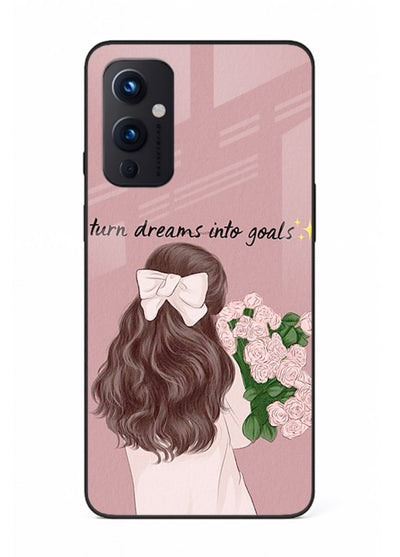 Girl holding flowers printed on OnePlus 9 Pro glass back cover with warm illustrative tones.