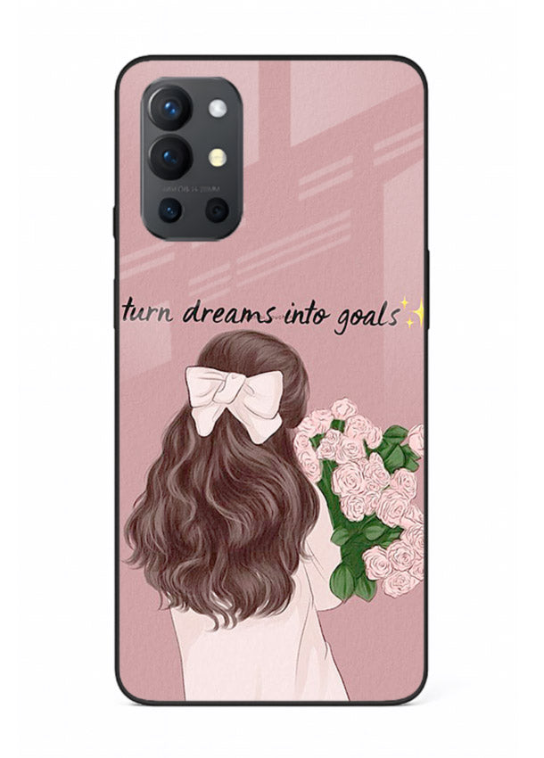 Girl holding flowers printed on OnePlus 9R glass back cover with warm illustrative tones.
