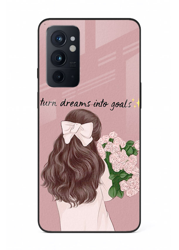 Girl holding flowers printed on OnePlus 9RT glass back cover with warm illustrative tones.