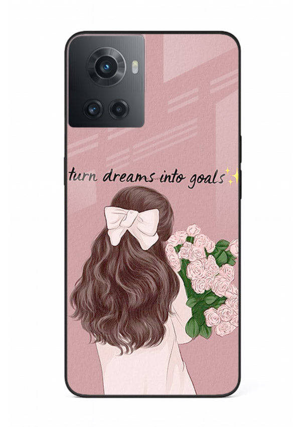 Girl holding flowers printed on OnePlus 10R glass back cover with warm illustrative tones.