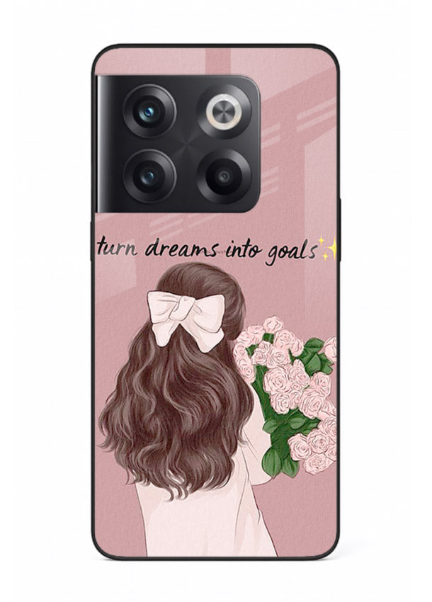 Girl holding flowers printed on OnePlus 10T glass back cover with warm illustrative tones.